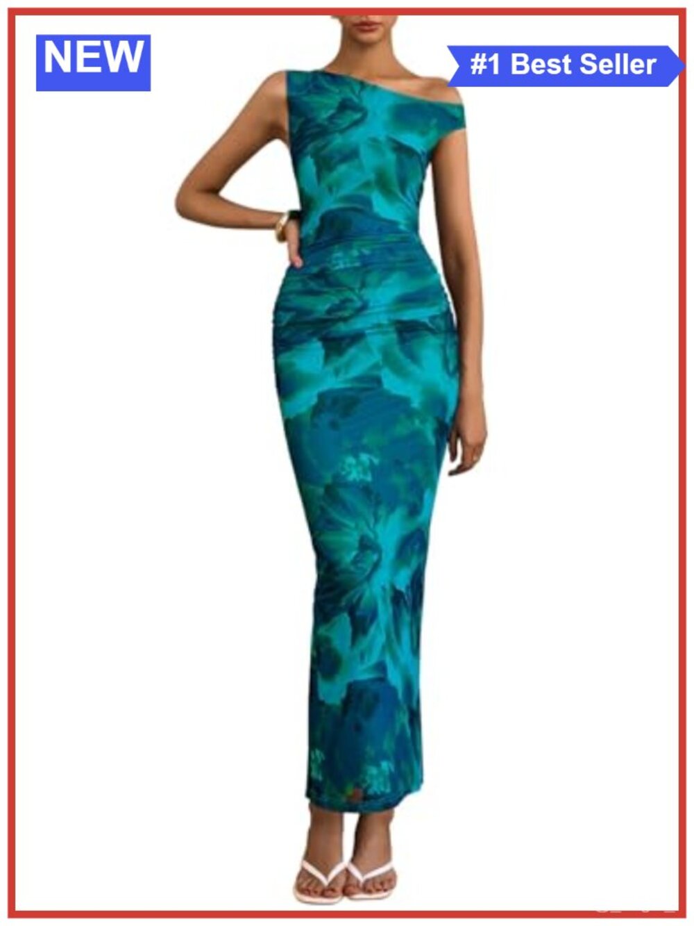 One Shoulder Floral Maxi Dress Ruched Mesh Bodycon Wedding Guest Cocktail